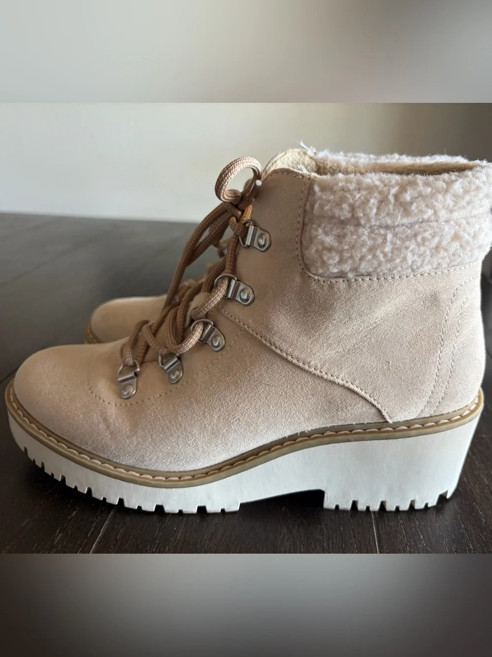 Women's Cream Lace-Up Faux Shearling Ankle Boots